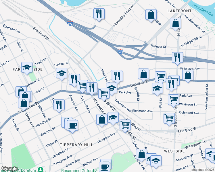 map of restaurants, bars, coffee shops, grocery stores, and more near 116-18 State Fair Boulevard in Syracuse
