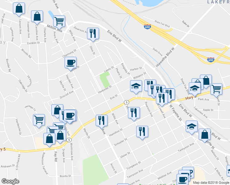 map of restaurants, bars, coffee shops, grocery stores, and more near 208 Erie Street in Syracuse