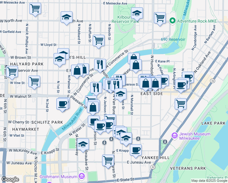 map of restaurants, bars, coffee shops, grocery stores, and more near in Milwaukee