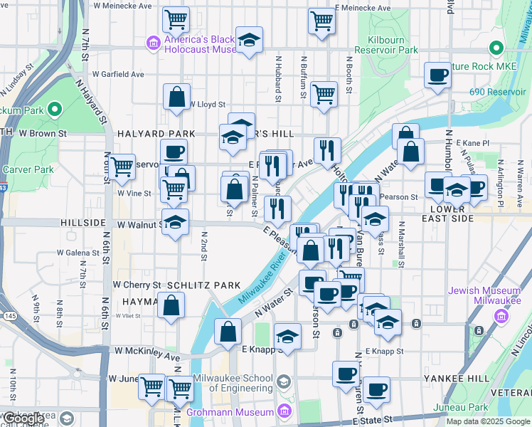 map of restaurants, bars, coffee shops, grocery stores, and more near 1731 Hubbard Street in Milwaukee