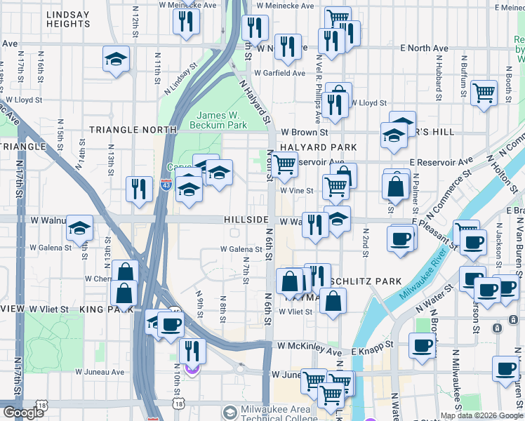 map of restaurants, bars, coffee shops, grocery stores, and more near 600 West Walnut Street in Milwaukee