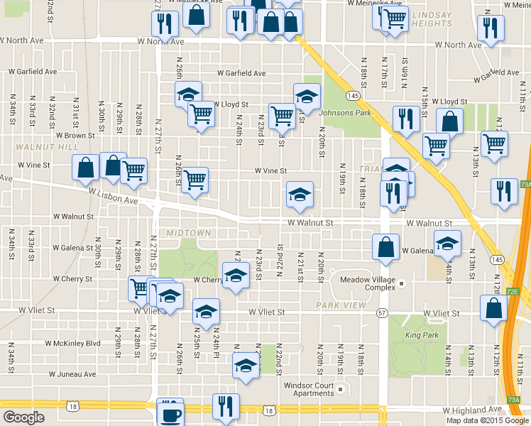 map of restaurants, bars, coffee shops, grocery stores, and more near 2204-2206 West Walnut Street in Milwaukee