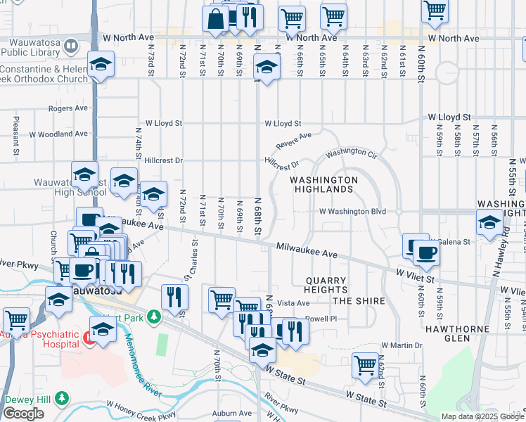 map of restaurants, bars, coffee shops, grocery stores, and more near 1716 North 68th Street in Wauwatosa