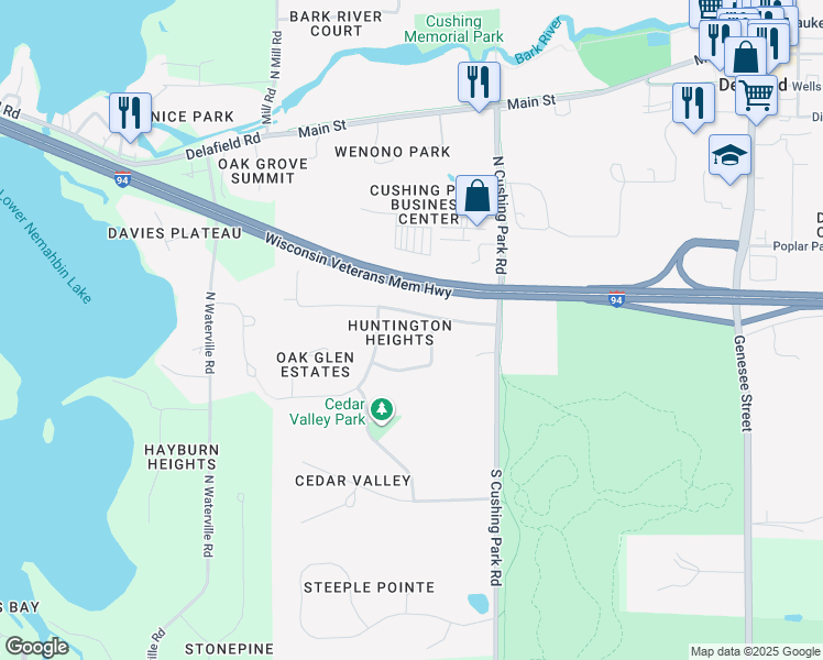 map of restaurants, bars, coffee shops, grocery stores, and more near 134-36 Huntington Road in Delafield