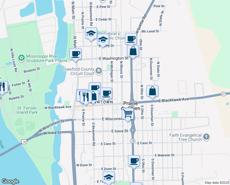 map of restaurants, bars, coffee shops, grocery stores, and more near 325 East Blackhawk Avenue in Prairie du Chien
