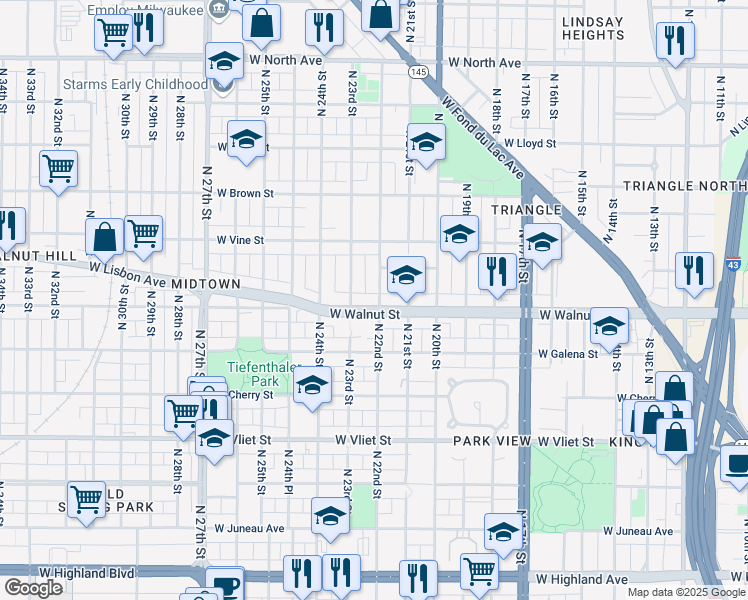 map of restaurants, bars, coffee shops, grocery stores, and more near 2204-2206 West Walnut Street in Milwaukee
