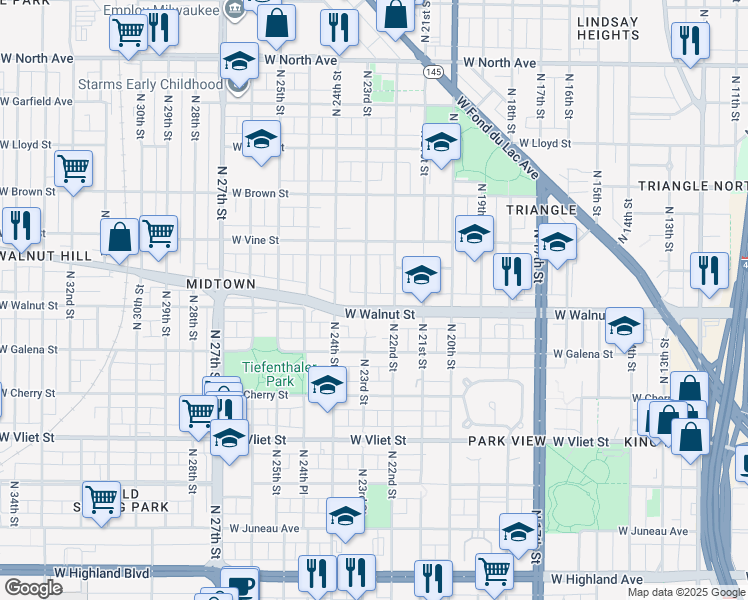 map of restaurants, bars, coffee shops, grocery stores, and more near 2204-2206 West Walnut Street in Milwaukee