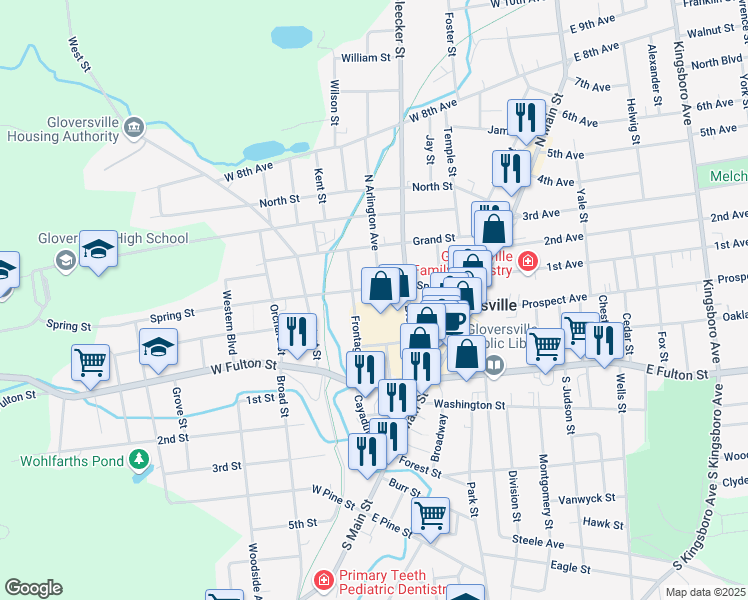 map of restaurants, bars, coffee shops, grocery stores, and more near 8 Frontage Road in Gloversville
