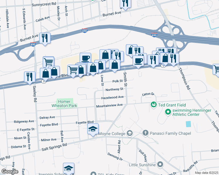 map of restaurants, bars, coffee shops, grocery stores, and more near 813 Northway Street in Syracuse
