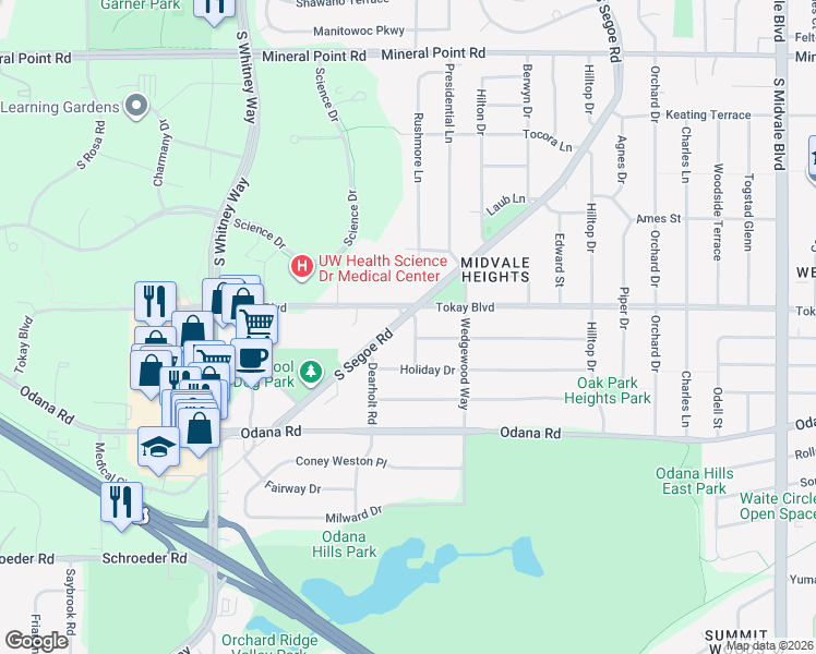 map of restaurants, bars, coffee shops, grocery stores, and more near 610 Constitution Lane in Madison