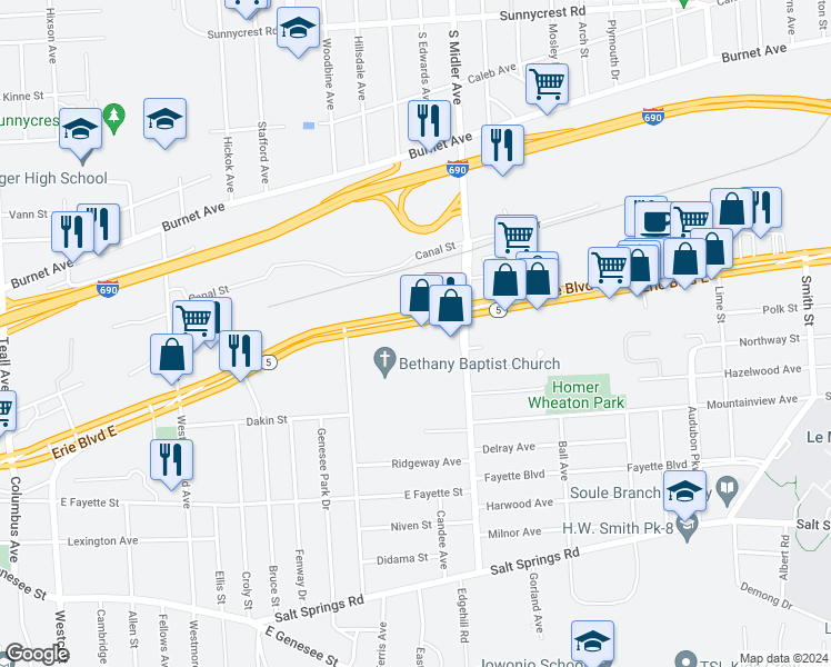 map of restaurants, bars, coffee shops, grocery stores, and more near 2406 Erie Boulevard East in Syracuse