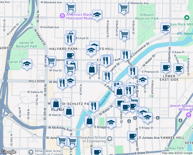 map of restaurants, bars, coffee shops, grocery stores, and more near 1721 North Palmer Street in Milwaukee