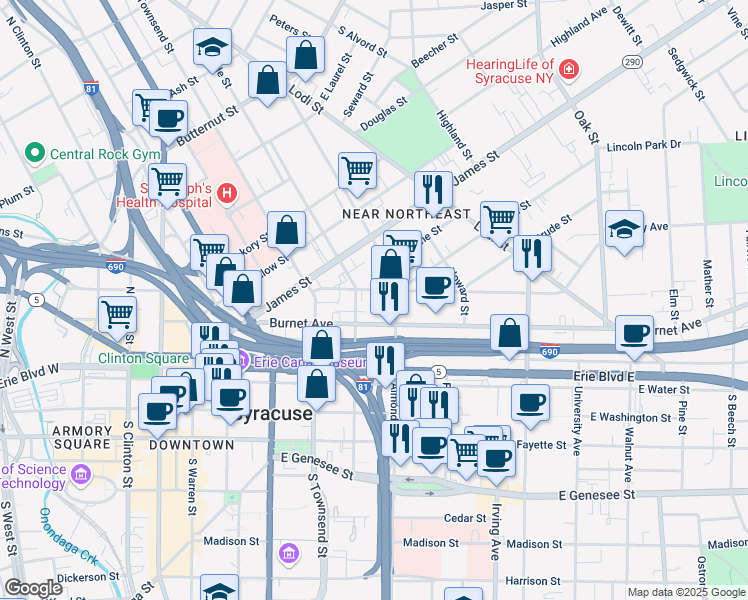 map of restaurants, bars, coffee shops, grocery stores, and more near 214 Hawley Avenue in Syracuse