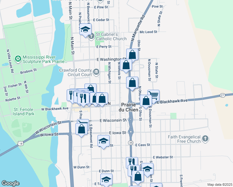 map of restaurants, bars, coffee shops, grocery stores, and more near 325 East Blackhawk Avenue in Prairie du Chien