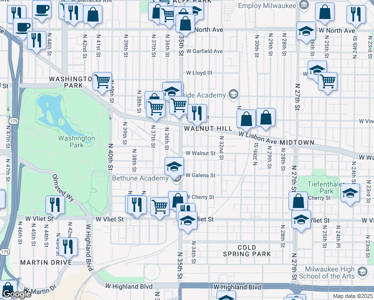 map of restaurants, bars, coffee shops, grocery stores, and more near 3416 West Walnut Street in Milwaukee