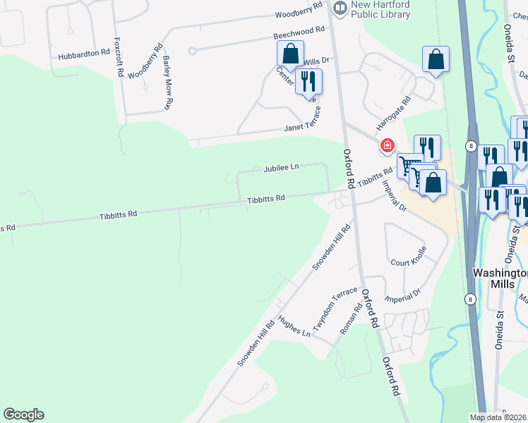 map of restaurants, bars, coffee shops, grocery stores, and more near 9020 Tibbitts Road in New Hartford