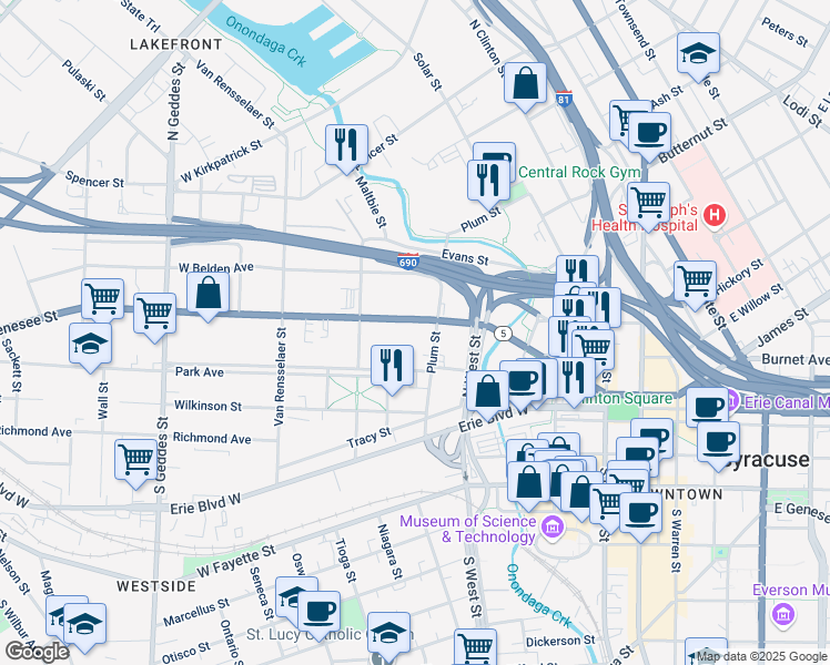 map of restaurants, bars, coffee shops, grocery stores, and more near 617 West Genesee Street in Syracuse
