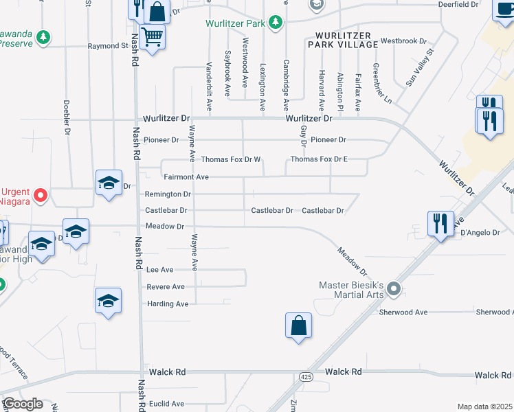 map of restaurants, bars, coffee shops, grocery stores, and more near 916 Castlebar Drive in North Tonawanda