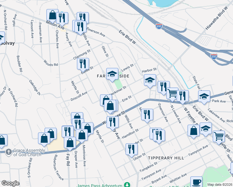 map of restaurants, bars, coffee shops, grocery stores, and more near 325 Herkimer Street in Syracuse