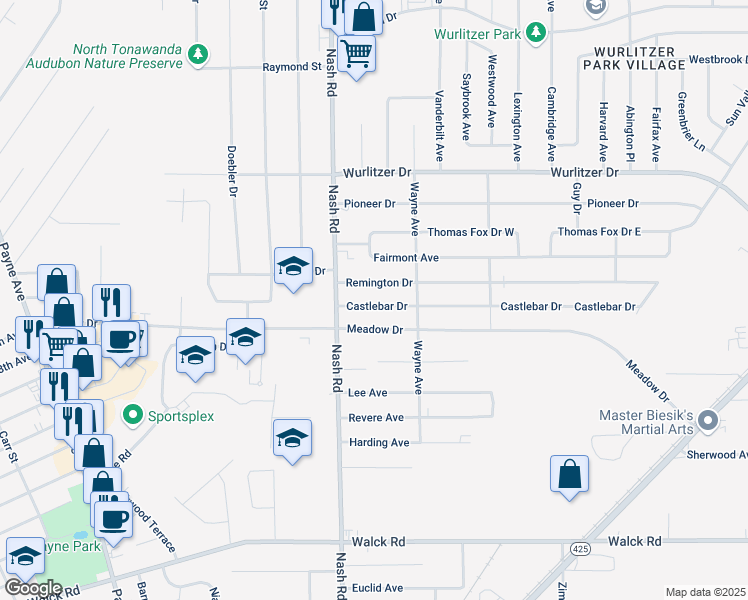 map of restaurants, bars, coffee shops, grocery stores, and more near 760 Castlebar Drive in North Tonawanda
