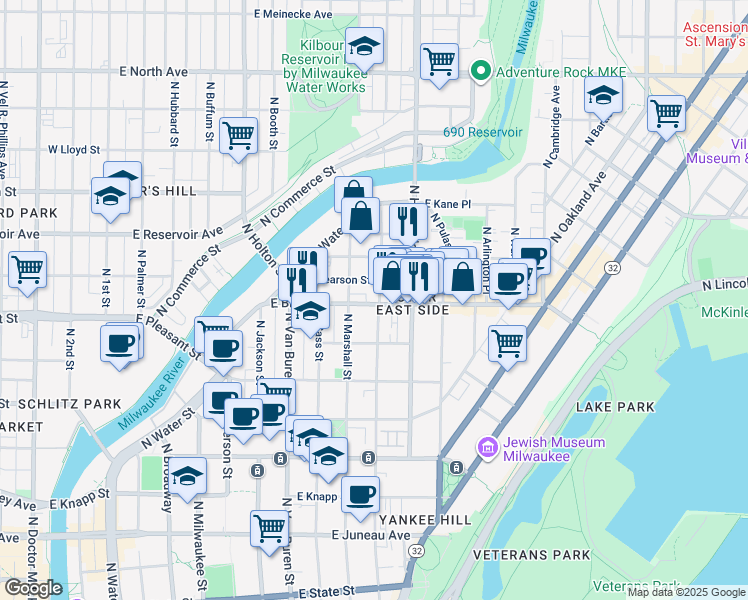map of restaurants, bars, coffee shops, grocery stores, and more near 932 East Brady Street in Milwaukee