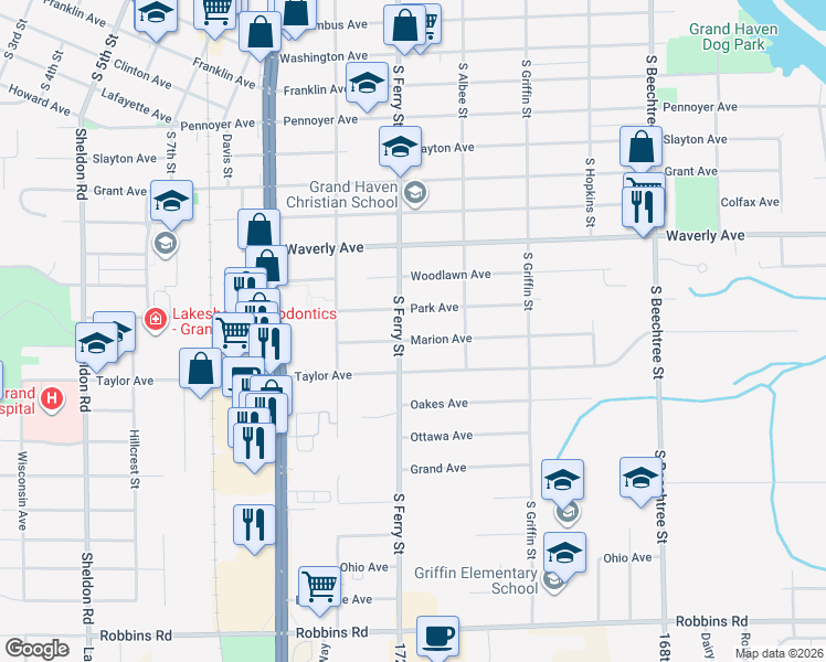 map of restaurants, bars, coffee shops, grocery stores, and more near 820 S Ferry St in Grand Haven