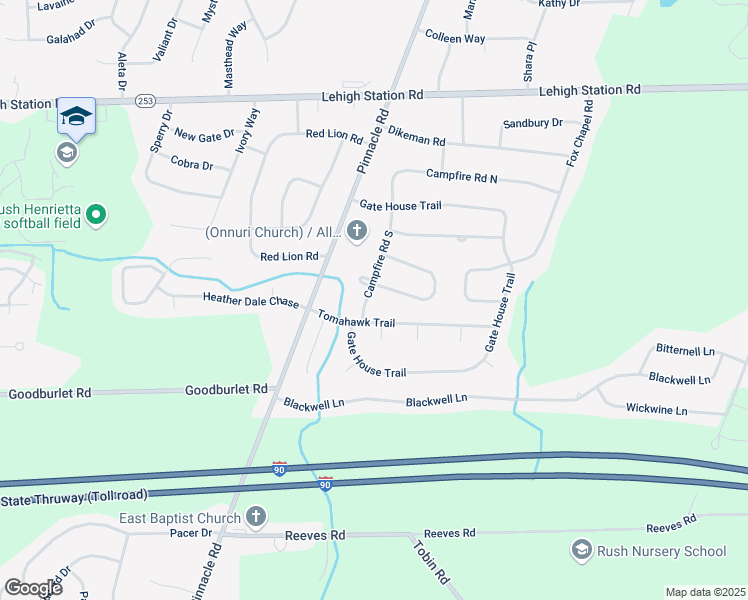 map of restaurants, bars, coffee shops, grocery stores, and more near 57 Campfire Road South in Henrietta