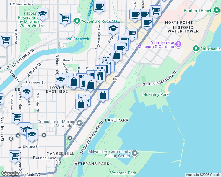 map of restaurants, bars, coffee shops, grocery stores, and more near 1742 North Prospect Avenue in Milwaukee
