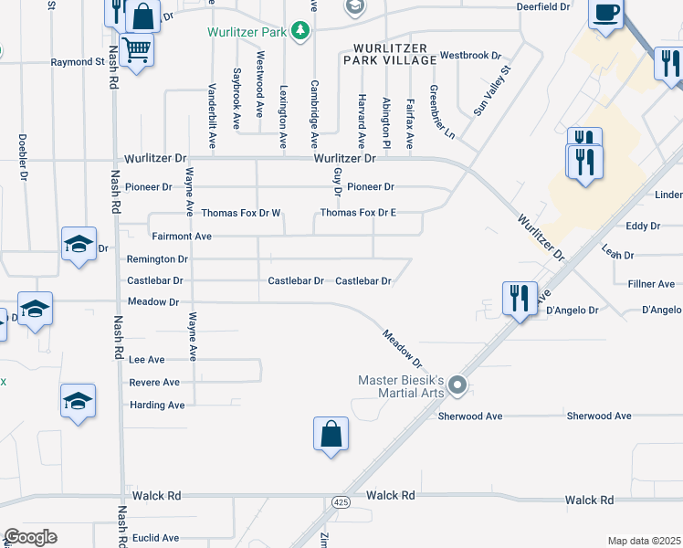 map of restaurants, bars, coffee shops, grocery stores, and more near 1000 Castlebar Drive in North Tonawanda
