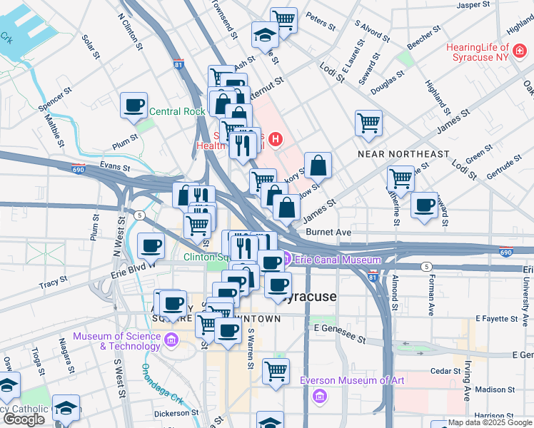 map of restaurants, bars, coffee shops, grocery stores, and more near 15631 690 in Syracuse