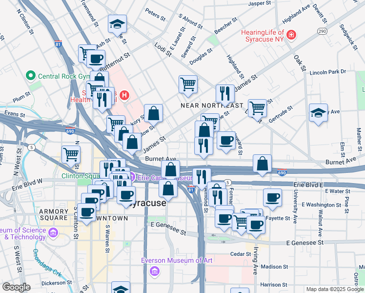 map of restaurants, bars, coffee shops, grocery stores, and more near 116 Hawley Avenue in Syracuse