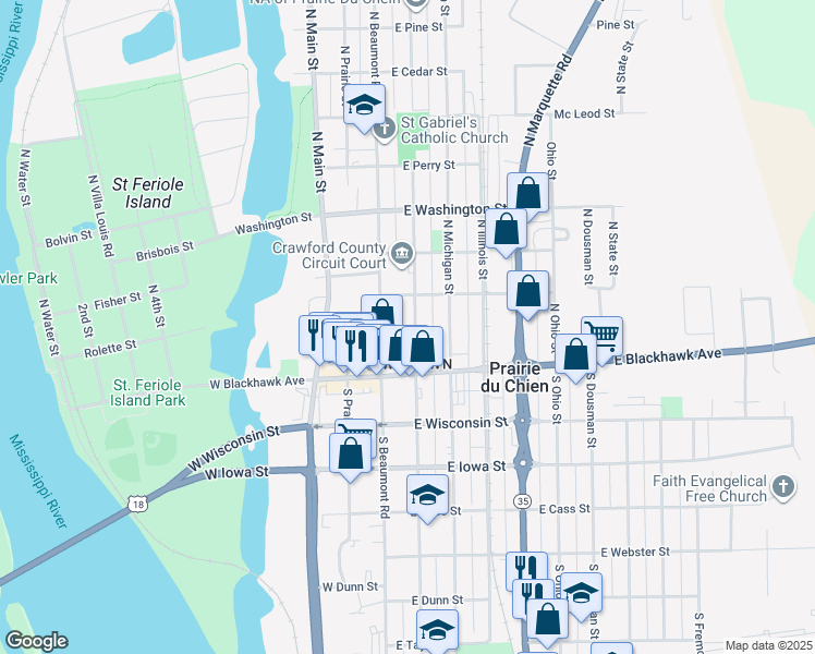 map of restaurants, bars, coffee shops, grocery stores, and more near 134 North Beaumont Road in Prairie du Chien
