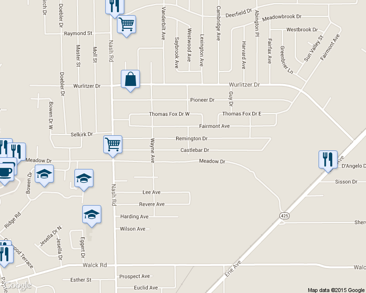 map of restaurants, bars, coffee shops, grocery stores, and more near 880 Castlebar Drive in North Tonawanda