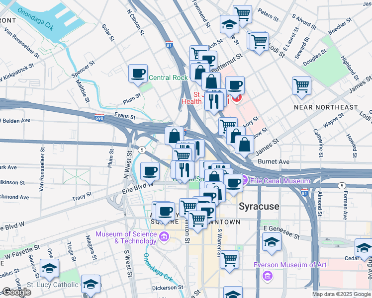 map of restaurants, bars, coffee shops, grocery stores, and more near 321 North Clinton Street in Syracuse