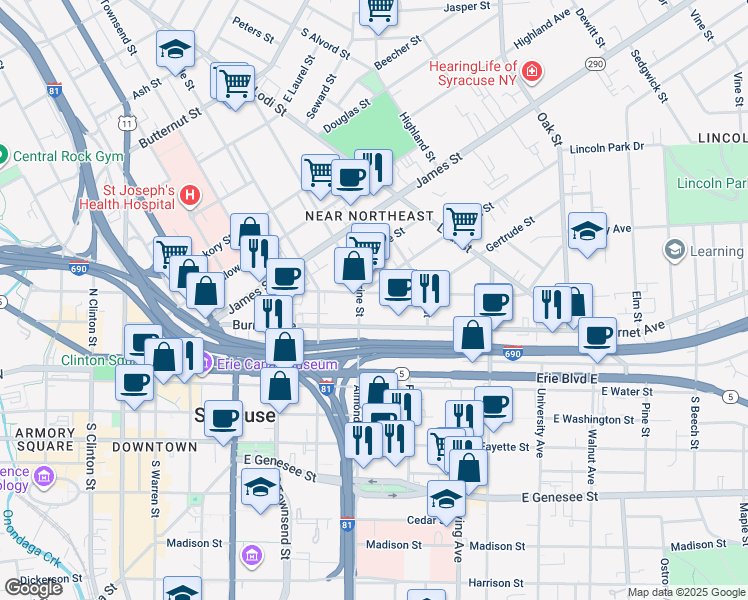 map of restaurants, bars, coffee shops, grocery stores, and more near 304 Hawley Avenue in Syracuse
