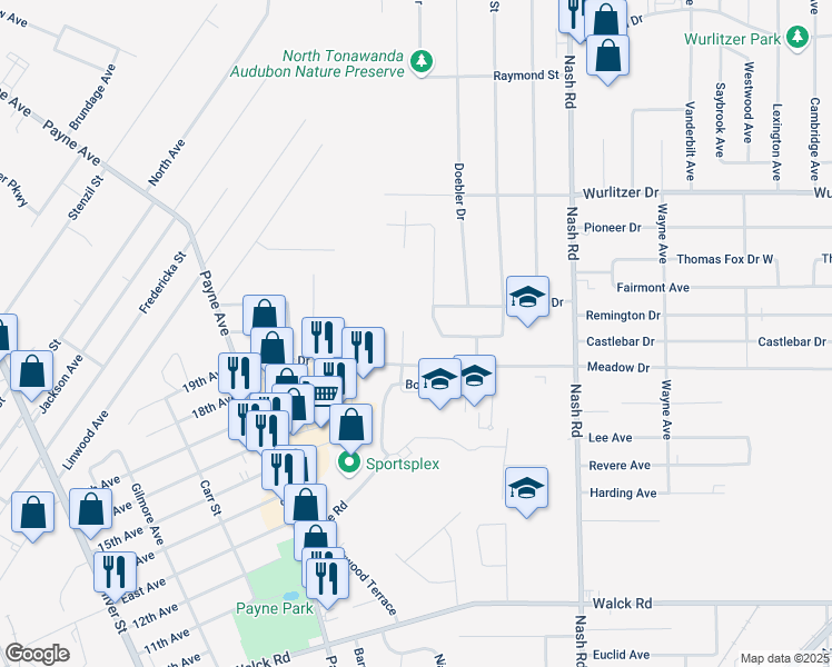 map of restaurants, bars, coffee shops, grocery stores, and more near 1089 Kinkead Avenue in North Tonawanda
