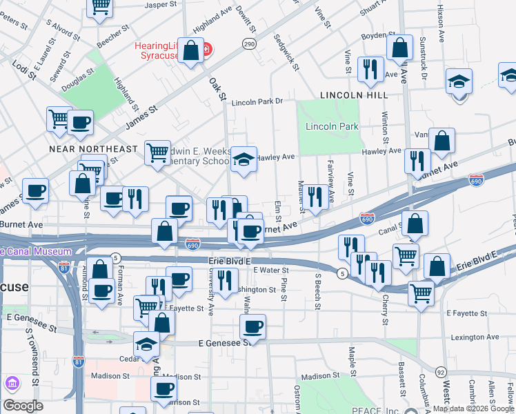 map of restaurants, bars, coffee shops, grocery stores, and more near 317 Elm Street in Syracuse