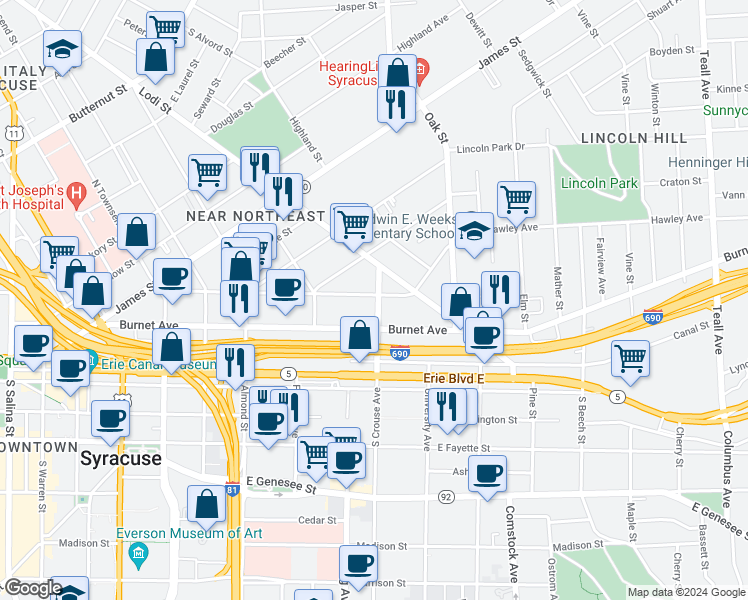 map of restaurants, bars, coffee shops, grocery stores, and more near 440 Hawley Avenue in Syracuse
