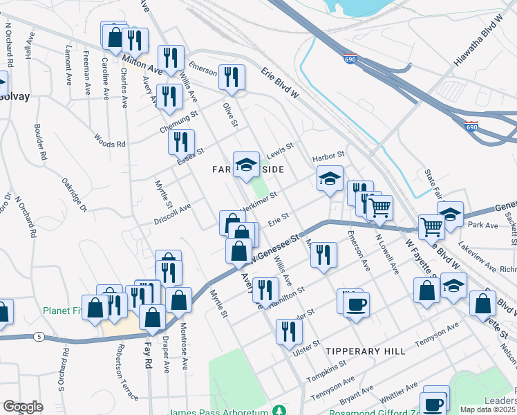 map of restaurants, bars, coffee shops, grocery stores, and more near 325 Herkimer Street in Syracuse