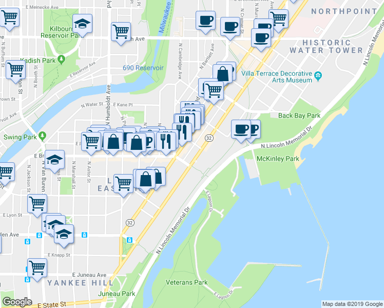 map of restaurants, bars, coffee shops, grocery stores, and more near 1725 North Prospect Avenue in Milwaukee