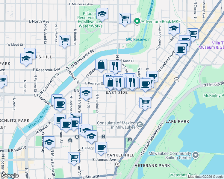map of restaurants, bars, coffee shops, grocery stores, and more near in Milwaukee