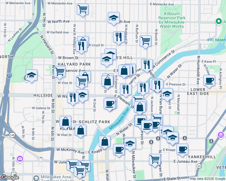 map of restaurants, bars, coffee shops, grocery stores, and more near 1721 North Palmer Street in Milwaukee