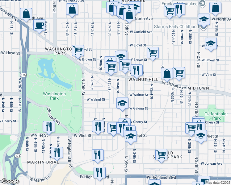 map of restaurants, bars, coffee shops, grocery stores, and more near 1718 North 36th Street in Milwaukee