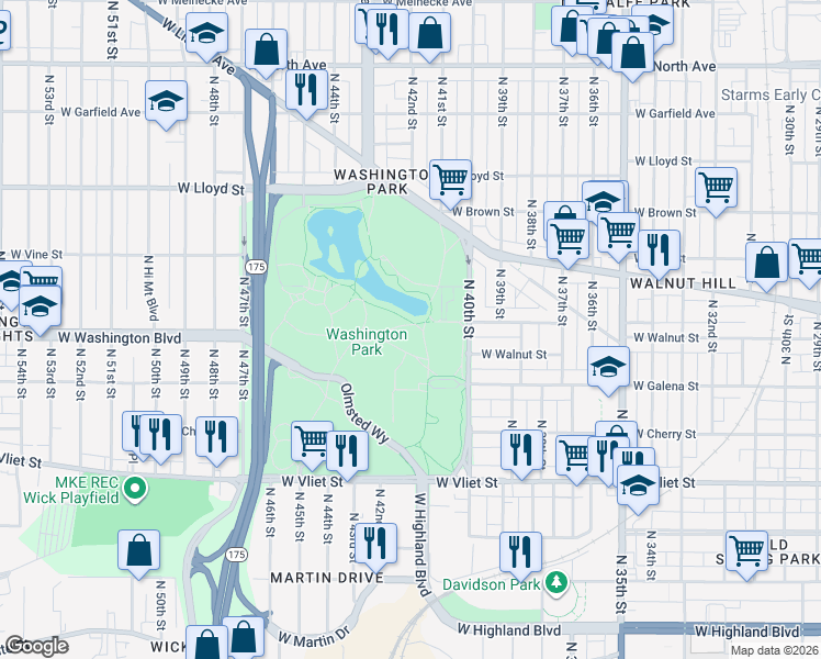 map of restaurants, bars, coffee shops, grocery stores, and more near 500 West Bradley Road in Milwaukee