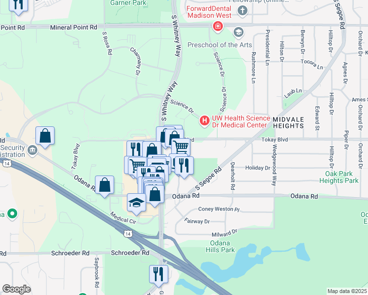 map of restaurants, bars, coffee shops, grocery stores, and more near 160 Westgate Mall in Madison