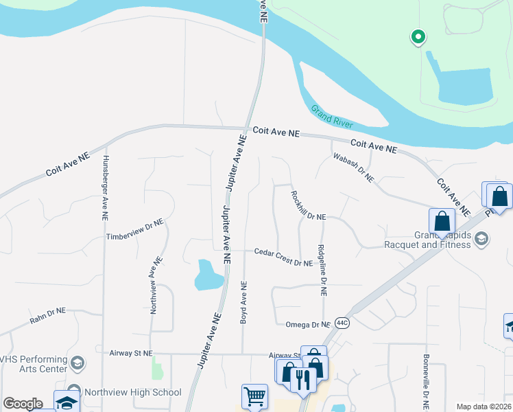 map of restaurants, bars, coffee shops, grocery stores, and more near 4988 Cedar Crest Court Northeast in Grand Rapids