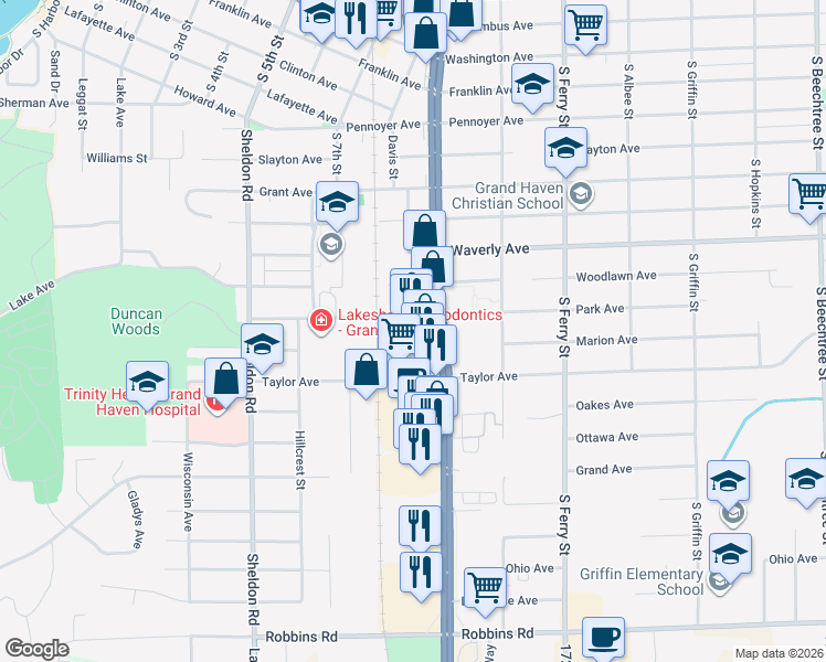 map of restaurants, bars, coffee shops, grocery stores, and more near 809 South Beacon Boulevard in Grand Haven