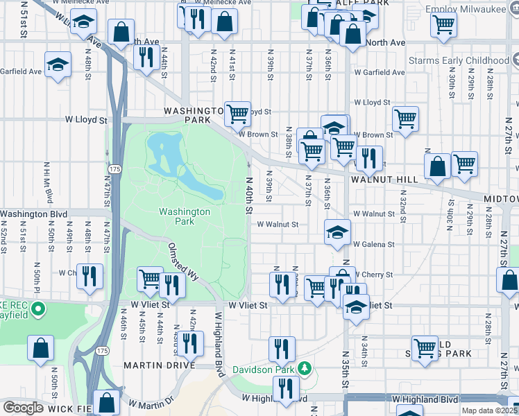 map of restaurants, bars, coffee shops, grocery stores, and more near 3917 West Roberts Street in Milwaukee