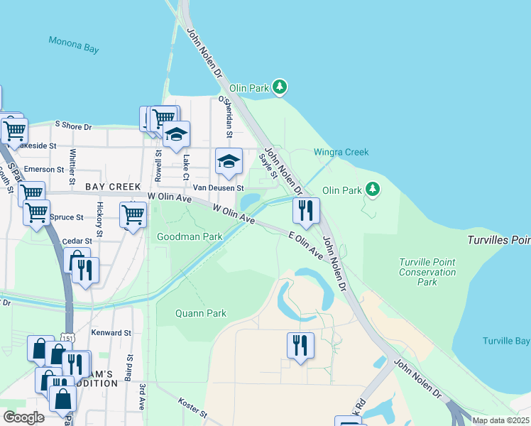 map of restaurants, bars, coffee shops, grocery stores, and more near 122 East Olin Avenue in Madison