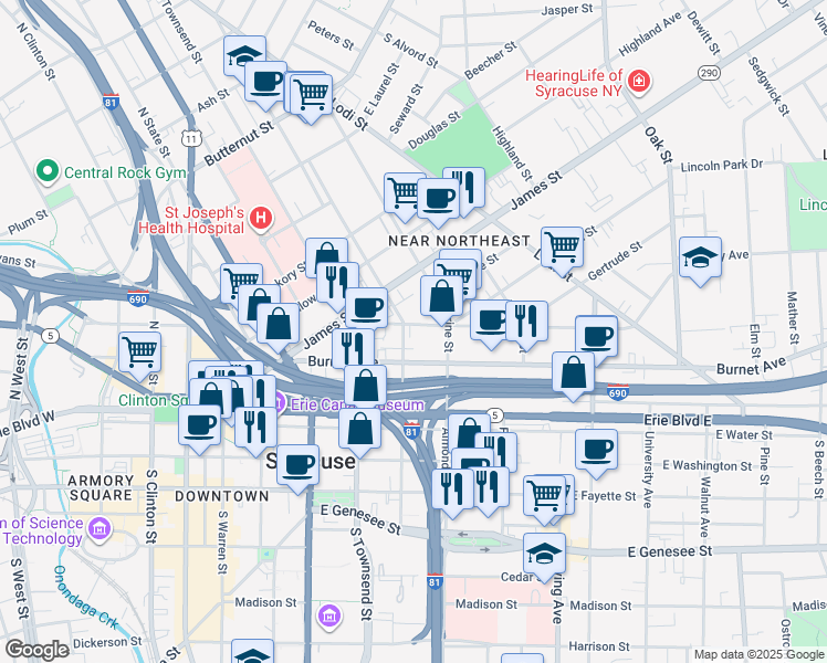 map of restaurants, bars, coffee shops, grocery stores, and more near 204 Hawley Avenue in Syracuse